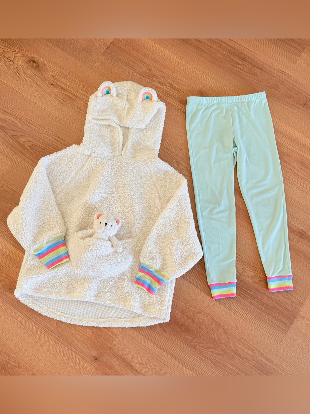 Justice Cream Pocket Bear Teddy Hoodie Pajama Set with Mint Leggings- Girls 10